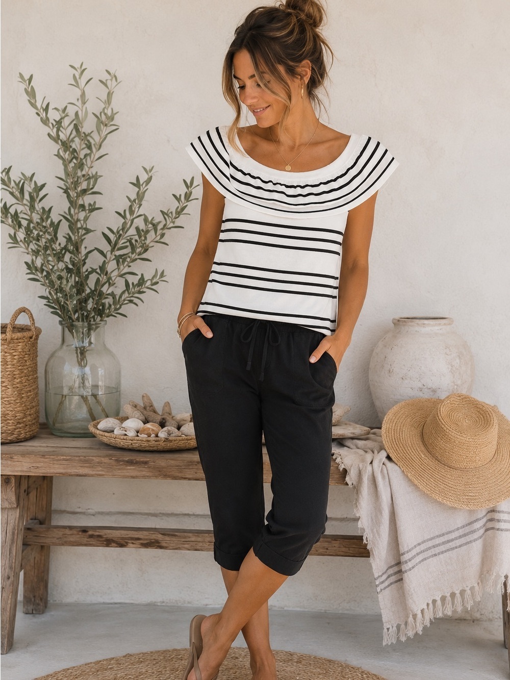 Off-the-Shoulder Black & White Striped Women’s Top -S
